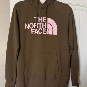 The North Face Olive Hoodie with Pink Logo